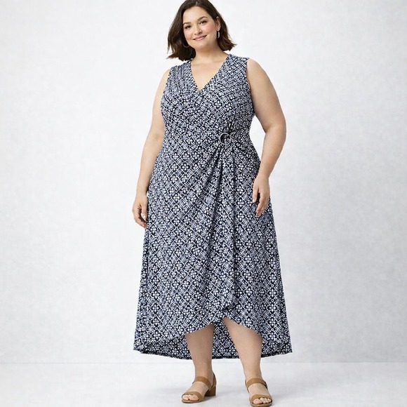 Lands' End Dresses & Skirts - Lands' End Womens 2X Navy White Floral Faux Wrap Maxi Dress Tencel Modal NWT‎